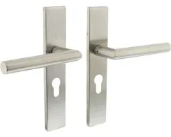 INTERSTEEL Deurkruk Paar Hoek 90° Op Recht Schild Met Profielcilindergat PC55 RVS Geborsteld